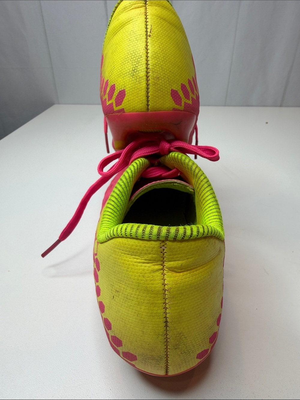 Bright Pink Athletic Cleats Shoes with Neon Yellow Back & Interior Kids size 2 - Picture 5 of 12